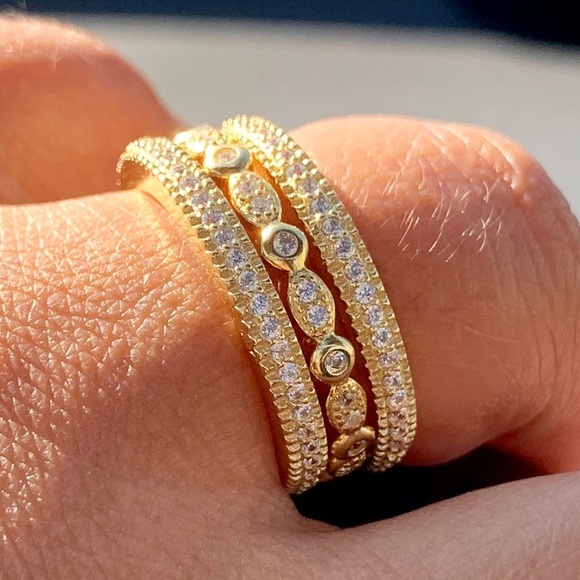 Sterling Forever 14K Gold CZ Band Ring 3-Piece Set